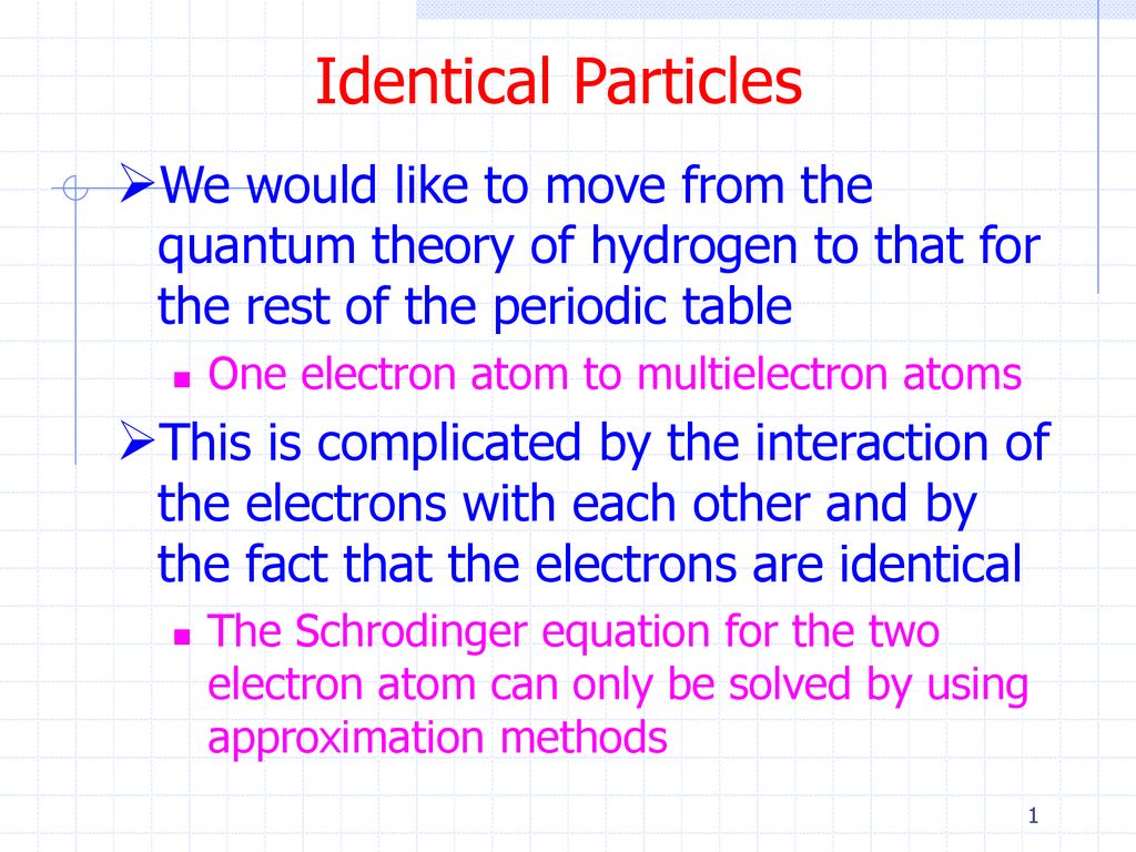 Identical Particles We would like to move from the quantum theory of  hydrogen to that for the rest of the periodic table One electron atom to  multielectron. - ppt download