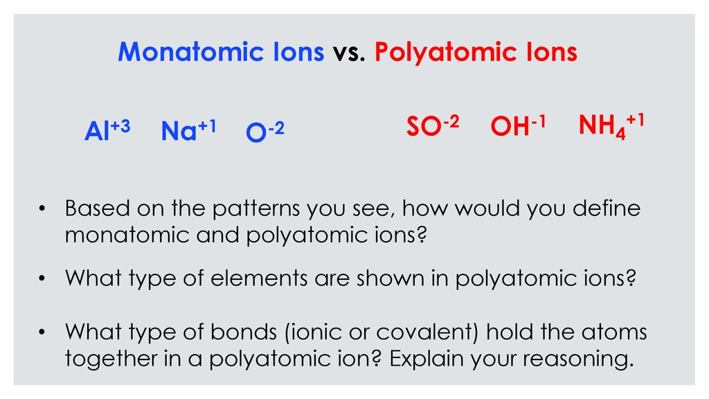What is the difference between monatomic ions and polyatomic ions Monatomic Ions Vs Polyatomic Ions Ppt Download