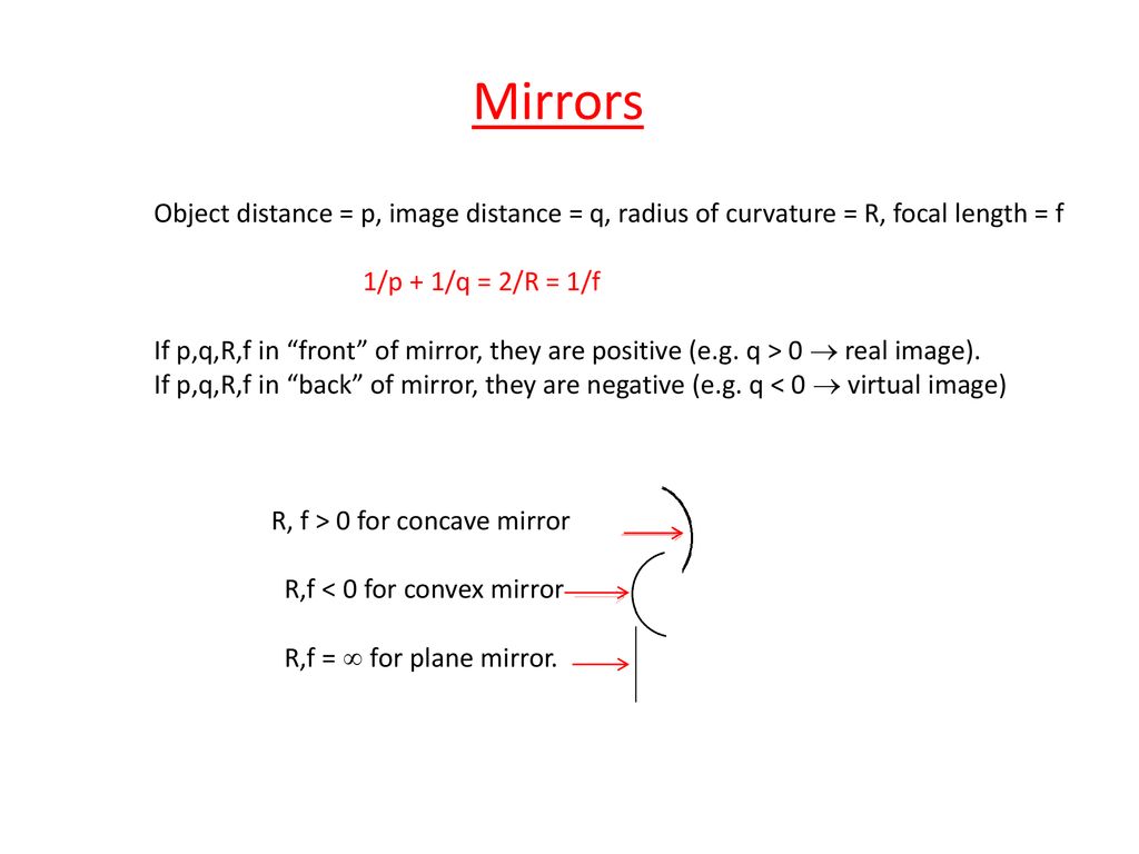 Mirrors Object Distance P Image Distance Q Radius Of Curvature R Focal Length F 1 P 1 Q 2 R 1 F If P Q R F In Front Of Mirror They Ppt Download