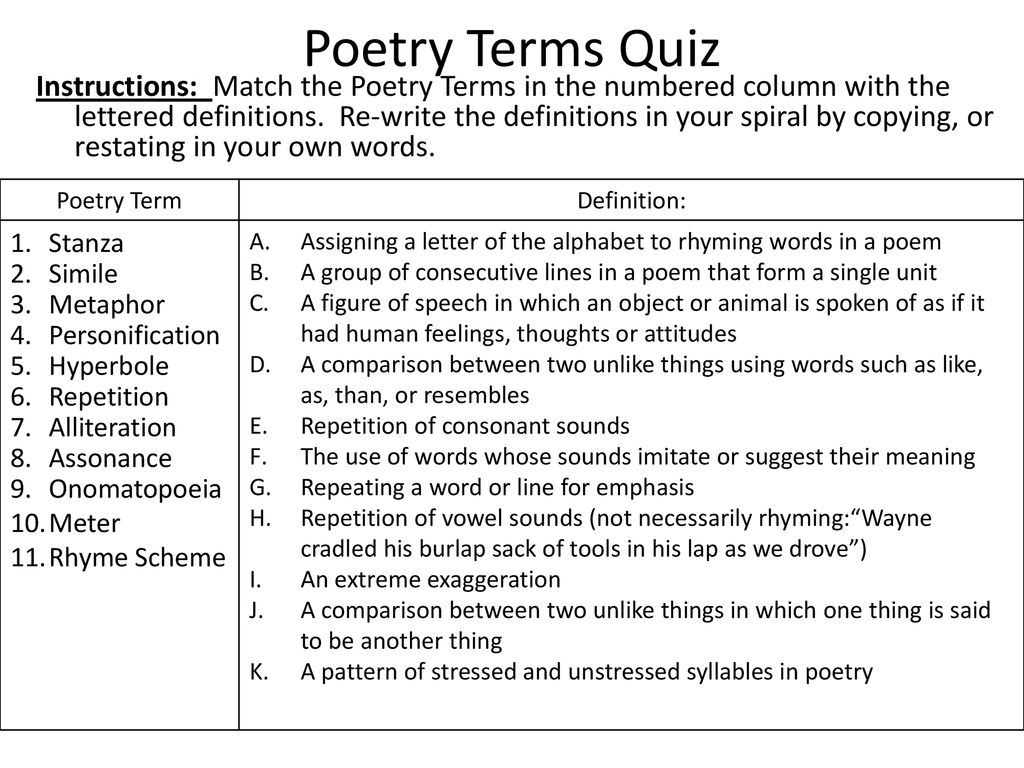 Poetry Terms Quiz Instructions: Match the Poetry Terms in the numbered  column with the lettered definitions. Re-write the definitions in your  spiral. - ppt download