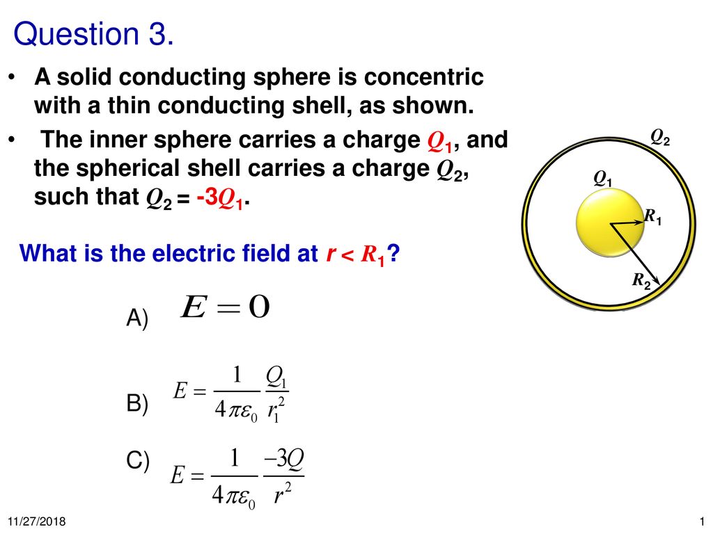 Question 3 A Solid Conducting Sphere Is Concentric With A Thin Conducting Shell As Shown The Inner Sphere Carries A Charge Q1 And The Spherical Shell Ppt Download