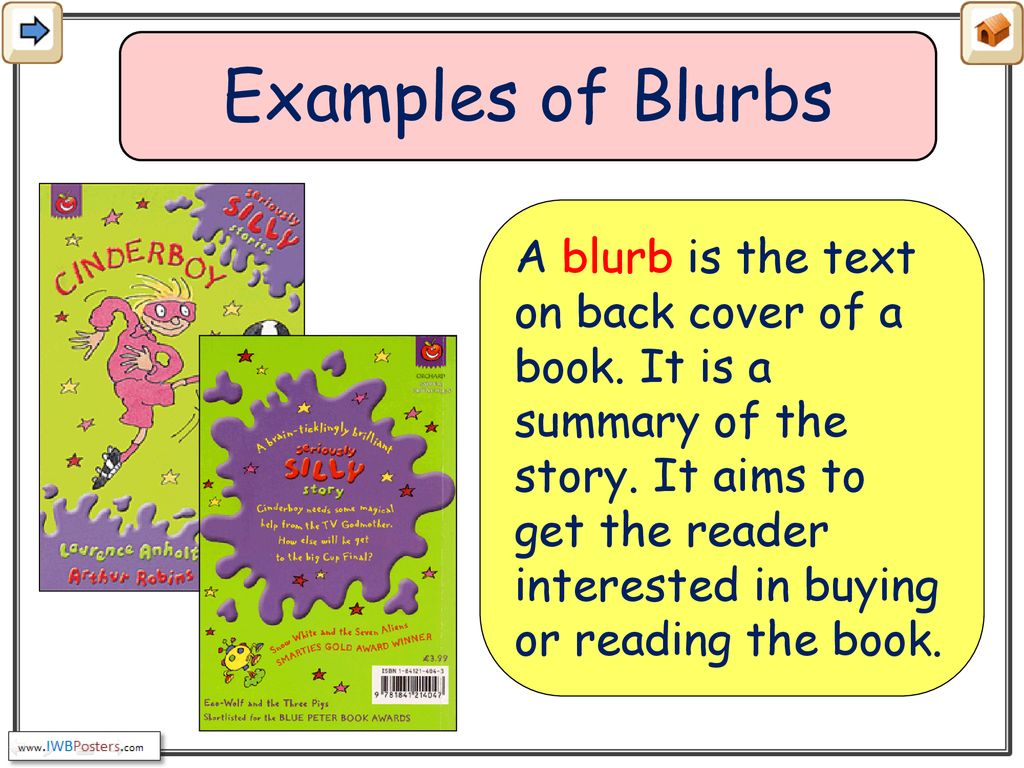 Examples of Blurbs A blurb is the text on back cover of a book. It