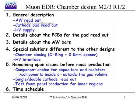 Muon EDR: Chamber design M2/3 R1/2 16/04/20031T.Schneider/LHCb Muon EDR 1.General description - AW read out -Cathode pad read out -HV supply 2.Details.