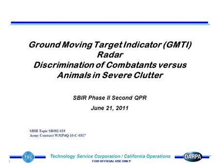 1 Technology Service Corporation / California Operations FOR OFFICIAL USE ONLY Ground Moving Target Indicator (GMTI) Radar Discrimination of Combatants.