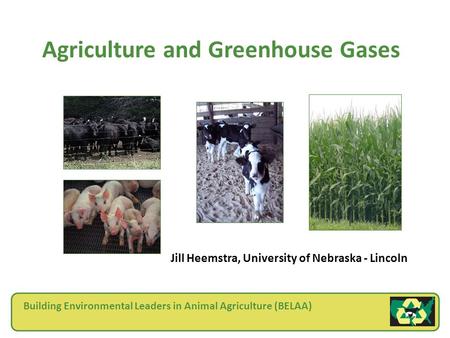 Agriculture and Greenhouse Gases Jill Heemstra, University of Nebraska - Lincoln Building Environmental Leaders in Animal Agriculture (BELAA)