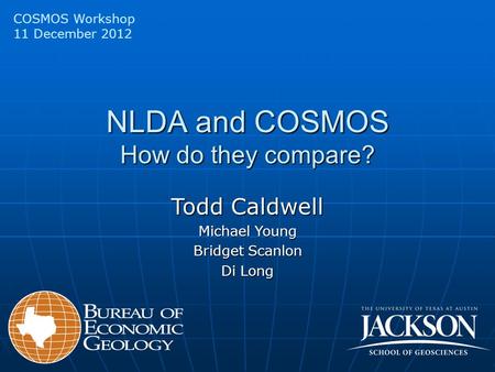 NLDA and COSMOS How do they compare? COSMOS Workshop 11 December 2012 Todd Caldwell Michael Young Bridget Scanlon Di Long.