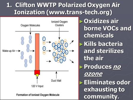 1. Clifton WWTP Polarized Oxygen Air Ionization (www.trans-tech.org) ► Oxidizes air borne VOCs and chemicals ► Kills bacteria and sterilizes the air ►