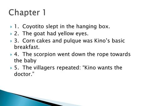 Chapter 1 1. Coyotito slept in the hanging box.