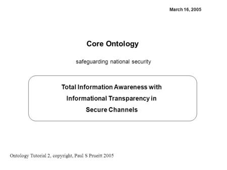 Total Information Awareness with Informational Transparency in Secure Channels March 16, 2005 Core Ontology safeguarding national security Ontology Tutorial.