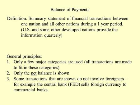 Balance of Payments Definition: Summary statement of financial transactions between one nation and all other nations during a 1 year period. (U.S. and.
