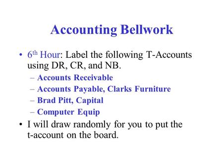 Accounting Bellwork 6 th Hour: Label the following T-Accounts using DR, CR, and NB. –Accounts Receivable –Accounts Payable, Clarks Furniture –Brad Pitt,