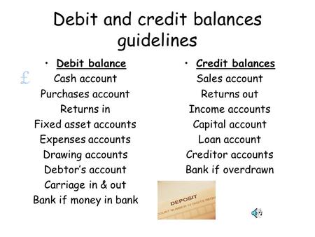 Debit and credit balances guidelines Debit balance Cash account Purchases account Returns in Fixed asset accounts Expenses accounts Drawing accounts Debtor’s.