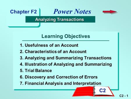 C2 - 1 Learning Objectives 1.Usefulness of an Account 2.Characteristics of an Account 3.Analyzing and Summarizing Transactions 4.Illustration of Analyzing.