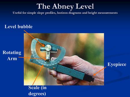 The Abney Level Useful for simple slope profiles, horizon diagrams and height measurements Level bubble Rotating Arm Eyepiece Scale (in degrees)