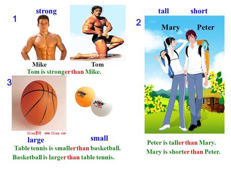 1 2 3 strong tall short small large Tom is stronger than Mike.