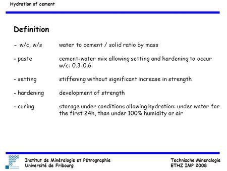 Definition - w/c, w/s water to cement / solid ratio by mass