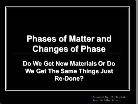 Phases of Matter and Changes of Phase Do We Get New Materials Or Do We Get The Same Things Just Re-Done?