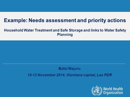 Example: Needs assessment and priority actions Household Water Treatment and Safe Storage and links to Water Safety Planning Batsi Majuru 10-13 November.