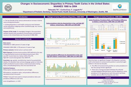 Changes in Socioeconomic Disparities in Primary Tooth Caries in the United States: NHANES 1988 to 2004 Takenaka TH *1, Cunha-Cruz J 2, Leggott PJ 1 1 Department.