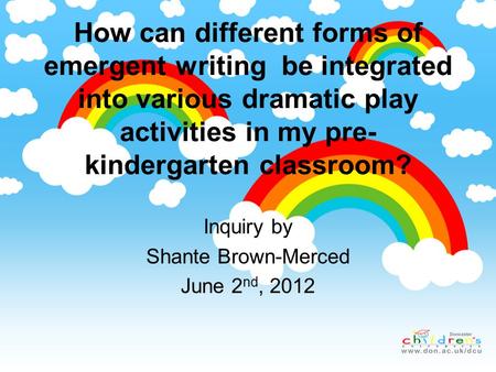 How can different forms of emergent writing be integrated into various dramatic play activities in my pre- kindergarten classroom? Inquiry by Shante Brown-Merced.