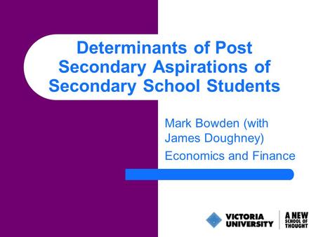 Determinants of Post Secondary Aspirations of Secondary School Students Mark Bowden (with James Doughney) Economics and Finance.