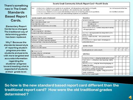 There’s something new in The Creek: Standards Based Report Cards. Elementary Report Cards have changed. The traditional way of determining grades has.
