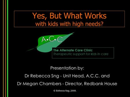 © Rebecca Sng. 2008. Yes, But What Works with kids with high needs? The Alternate Care Clinic Therapeutic support for kids in care Presentation by: Dr.