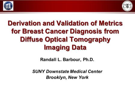 Derivation and Validation of Metrics for Breast Cancer Diagnosis from Diffuse Optical Tomography Imaging Data Randall L. Barbour, Ph.D. SUNY Downstate.