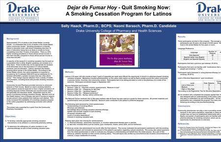 Dejar de Fumar Hoy - Quit Smoking Now: A Smoking Cessation Program for Latinos Sally Haack, Pharm.D., BCPS; Naomi Barasch, Pharm.D. Candidate Drake University.
