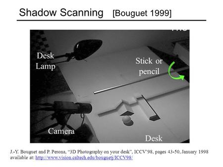 Shadow Scanning [Bouguet 1999] Desk Lamp Camera Stick or pencil Desk The idea [Bouguet and Perona’98] J.-Y. Bouguet and P. Perona, “3D Photography on your.