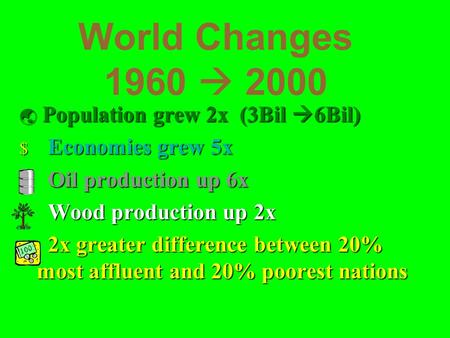 World Changes 1960  2000  Population grew 2x (3Bil  6Bil) $ Economies grew 5x Oil production up 6x Oil production up 6x Wood production up 2x Wood production.