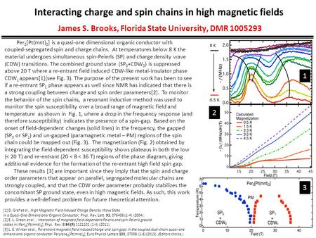 Interacting charge and spin chains in high magnetic fields James S. Brooks, Florida State University, DMR 1005293 [1] D. Graf et al., High Magnetic Field.