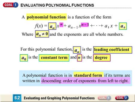 E VALUATING P OLYNOMIAL F UNCTIONS A polynomial function is a function of the form f (x) = a n x n + a n – 1 x n – 1 +· · ·+ a 1 x + a 0 Where a n  0.