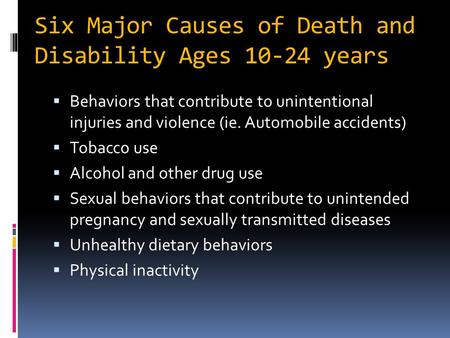 Six Major Causes of Death and Disability Ages 10-24 years  Behaviors that contribute to unintentional injuries and violence (ie. Automobile accidents)