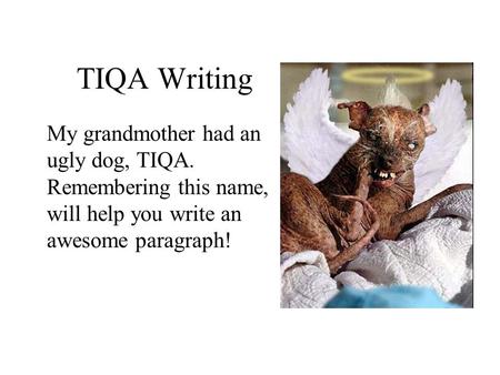 TIQA Writing My grandmother had an ugly dog, TIQA. Remembering this name, will help you write an awesome paragraph!