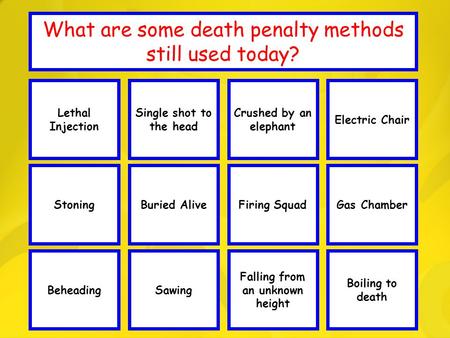 Well Done! WIPEOUTWell Done! WIPEOUT Well Done! What are some death penalty methods still used today? Lethal Injection Stoning Single shot to the head.