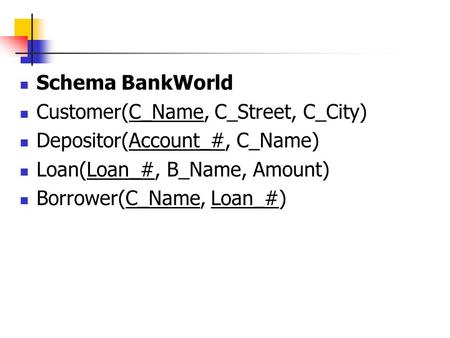 Schema BankWorld Customer(C_Name, C_Street, C_City) Depositor(Account_#, C_Name) Loan(Loan_#, B_Name, Amount) Borrower(C_Name, Loan_#)