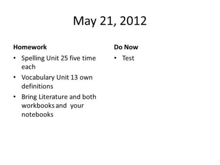 May 21, 2012 Homework Spelling Unit 25 five time each Vocabulary Unit 13 own definitions Bring Literature and both workbooks and your notebooks Do Now.