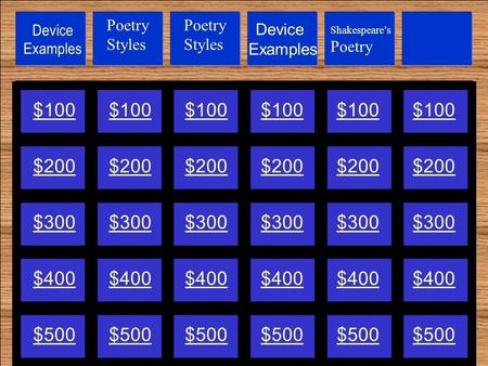 Device Examples $100 $200 $300 $400 $500 Poetry Styles Shakespeare’s Poetry.