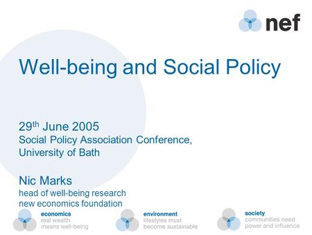 Well-being and Social Policy 29 th June 2005 Social Policy Association Conference, University of Bath Nic Marks head of well-being research new economics.