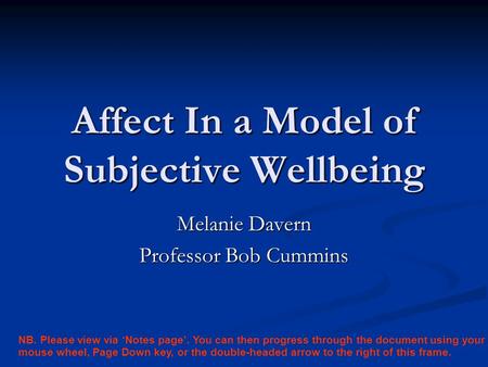 Affect In a Model of Subjective Wellbeing Melanie Davern Professor Bob Cummins NB. Please view via ‘Notes page’. You can then progress through the document.