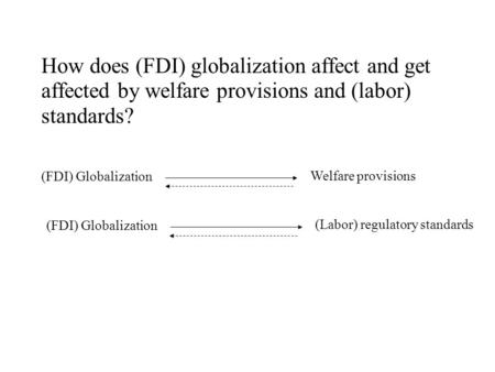 How does (FDI) globalization affect and get affected by welfare provisions and (labor) standards? (FDI) Globalization Welfare provisions (FDI) Globalization.