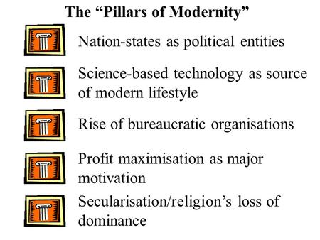 The “Pillars of Modernity” Nation-states as political entities Science-based technology as source of modern lifestyle Rise of bureaucratic organisations.