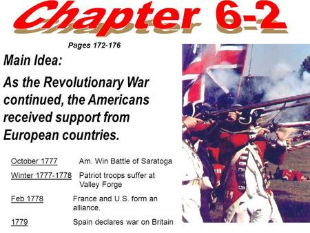 Main Idea: As the Revolutionary War continued, the Americans received support from European countries. Pages 172-176 October 1777 Am. Win Battle of Saratoga.