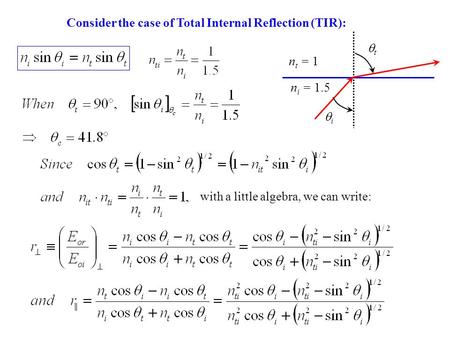 Consider the case of Total Internal Reflection (TIR): tt ii n t = 1 n i = 1.5 with a little algebra, we can write: