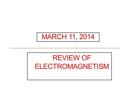 MARCH 11, 2014 REVIEW OF ELECTROMAGNETISM. Reminders about the quiz Remember to print the approved AP equation pages to take to the quiz. Note that Lenz’