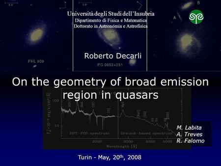 On the geometry of broad emission region in quasars Roberto Decarli Turin - May, 20 th, 2008 Università degli Studi dell’Insubria Dipartimento di Fisica.
