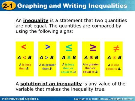 An inequality is a statement that two quantities are not equal