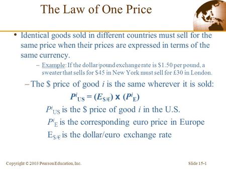 Slide 15-1Copyright © 2003 Pearson Education, Inc. The Law of One Price Identical goods sold in different countries must sell for the same price when their.