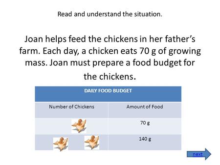 Read and understand the situation. Joan helps feed the chickens in her father’s farm. Each day, a chicken eats 70 g of growing mass. Joan must prepare.